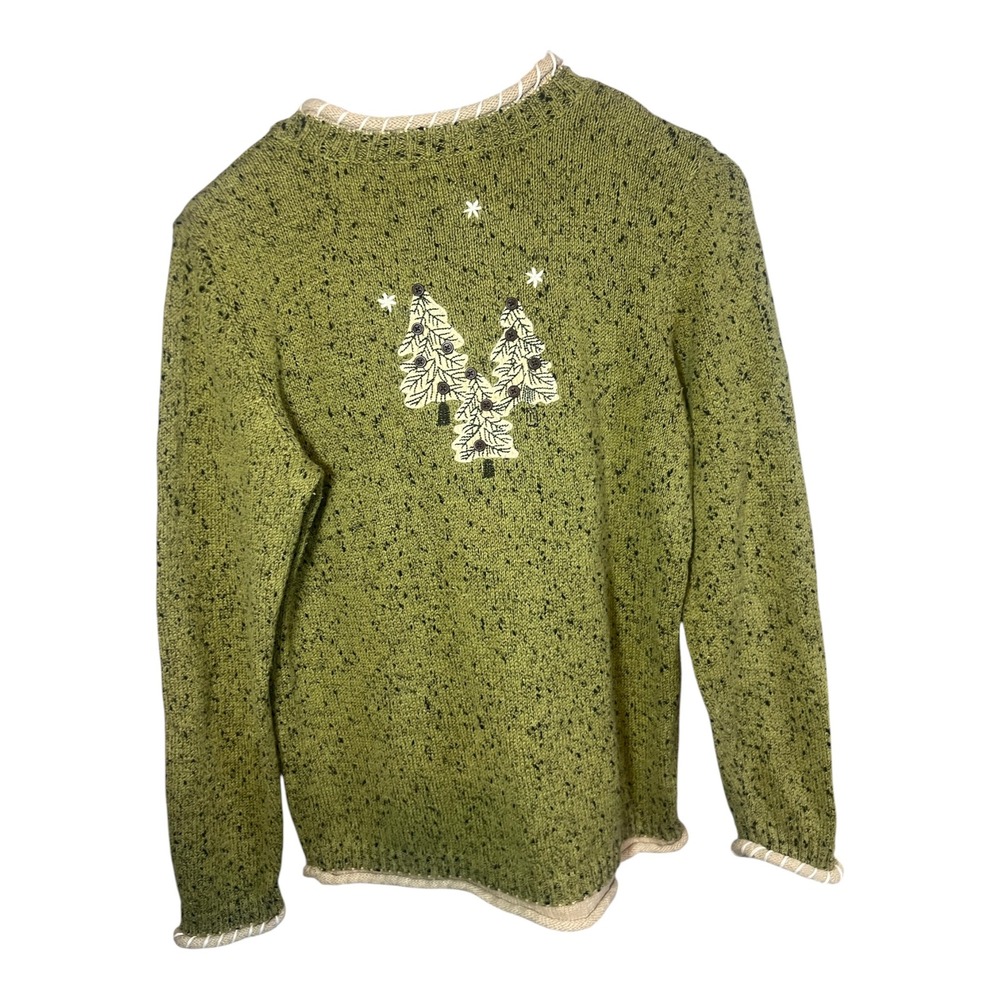 Christopher & Banks Green Embroidered Christmas Tree Sweater Medium Holiday Star